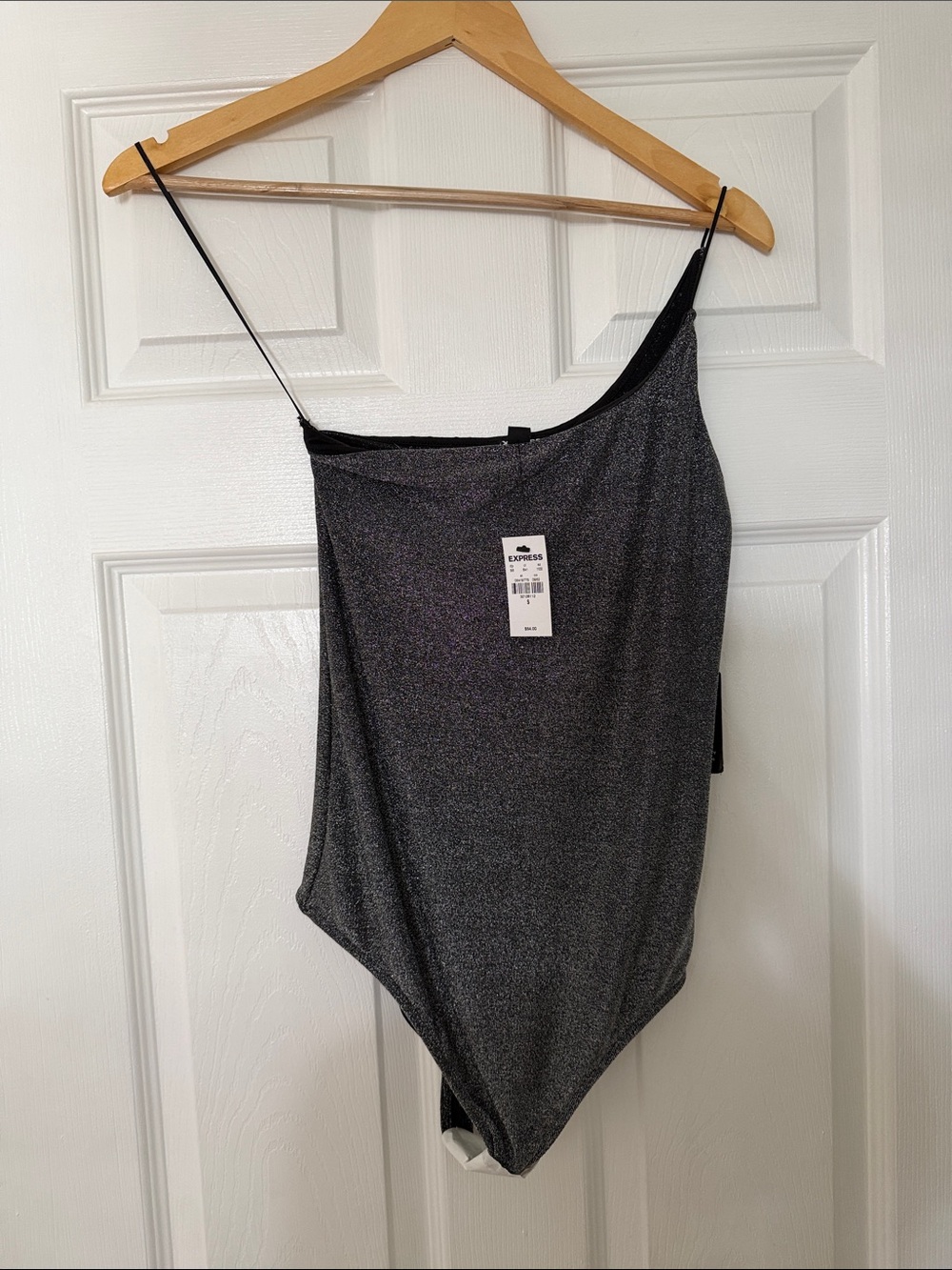 Express One-Shoulder Shimmery Bodysuit in Gunmetal